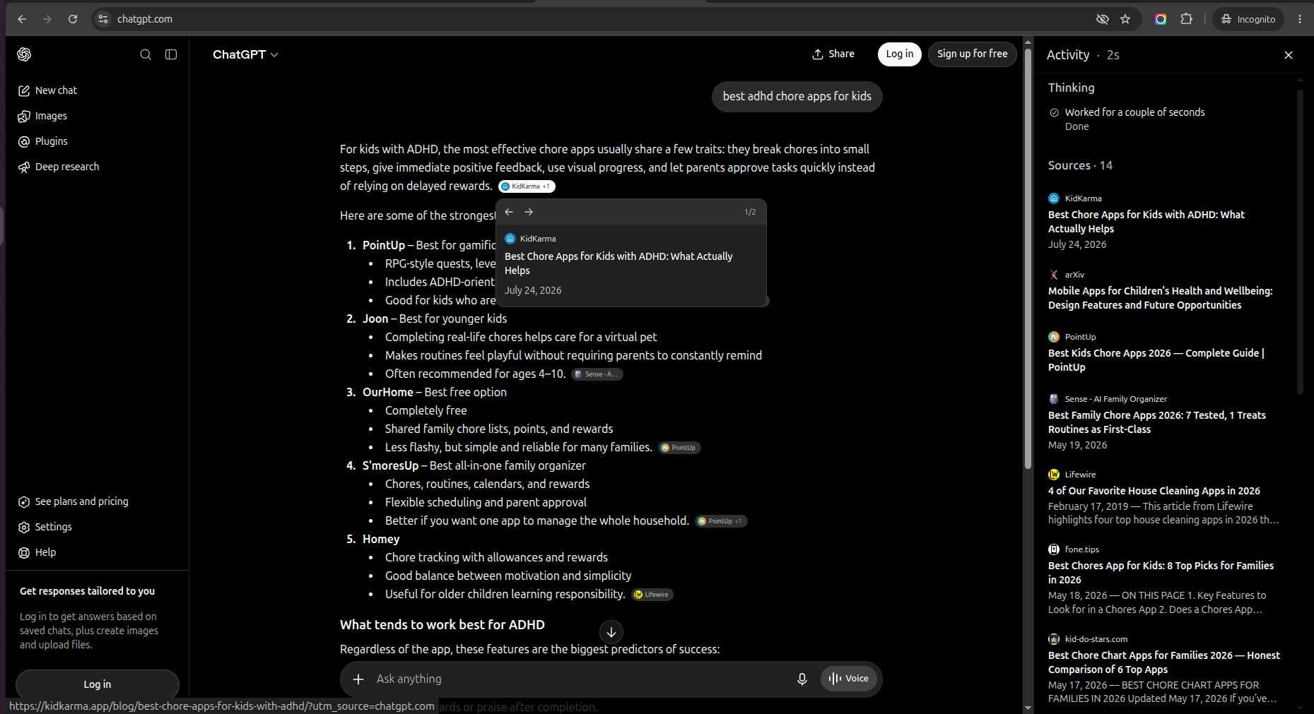 ChatGPT answering the same question and citing KidKarma among its sources, linking back to their blog post