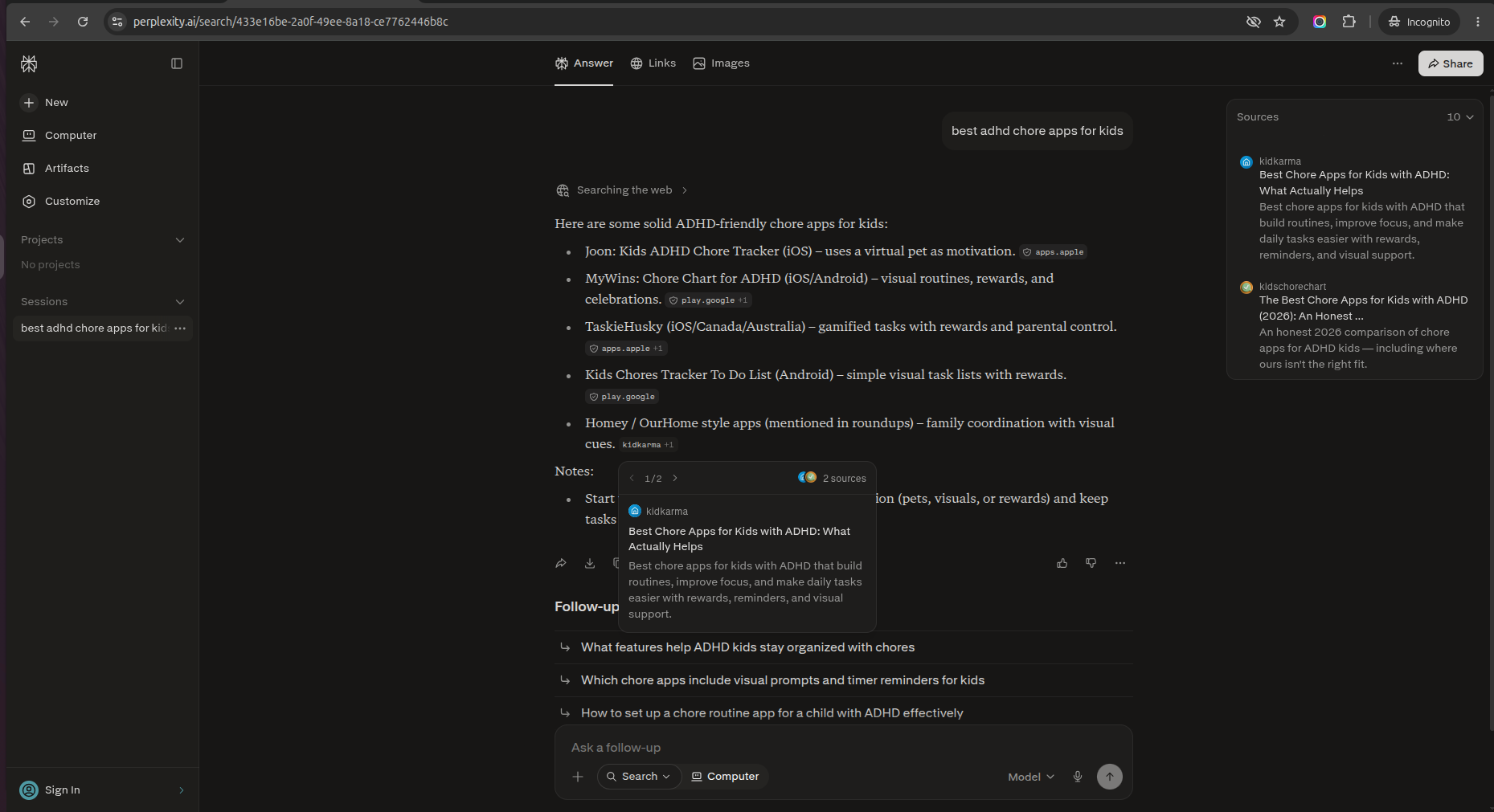 Perplexity answering the same question and listing KidKarma among its cited sources
